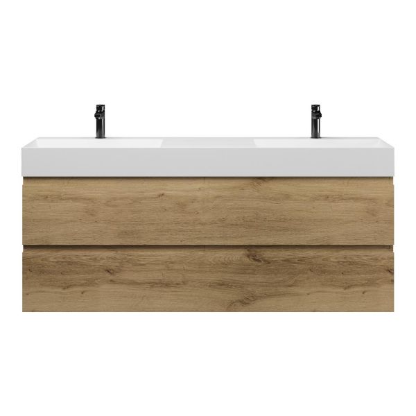 Texel Zoutelande/Marken badmeubel 160x46 4 softclose laden warm eiken greeploos keramiek dubbele wastafel mat wit met 2 kraangaten