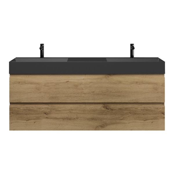 Texel Zoutelande/Marken badmeubel 160x46 4 softclose laden warm eiken greeploos keramiek dubbele wastafel mat zwart met 2 kraangaten