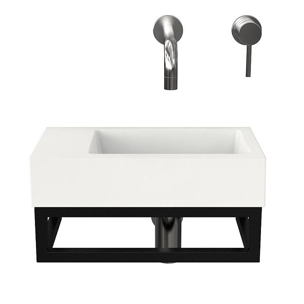 Veere fonteinmeubel 40 cm zwart met polystone Wemeldinge fontein wit glans, zonder kraangat links
