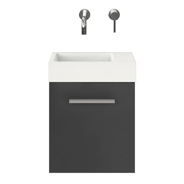 Wemeldinge fonteinmeubel 40 cm hoogglans antraciet met polystone Wemeldinge wastafel wit glans, zonder kraangat rechts