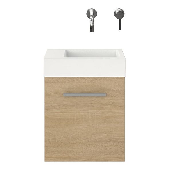 Wemeldinge fonteinmeubel 40 cm licht eiken met polystone Wemeldinge wastafel wit glans, zonder kraangat links