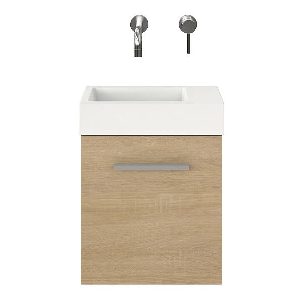 Wemeldinge fonteinmeubel 40 cm licht eiken met polystone Wemeldinge wastafel wit glans, zonder kraangat rechts