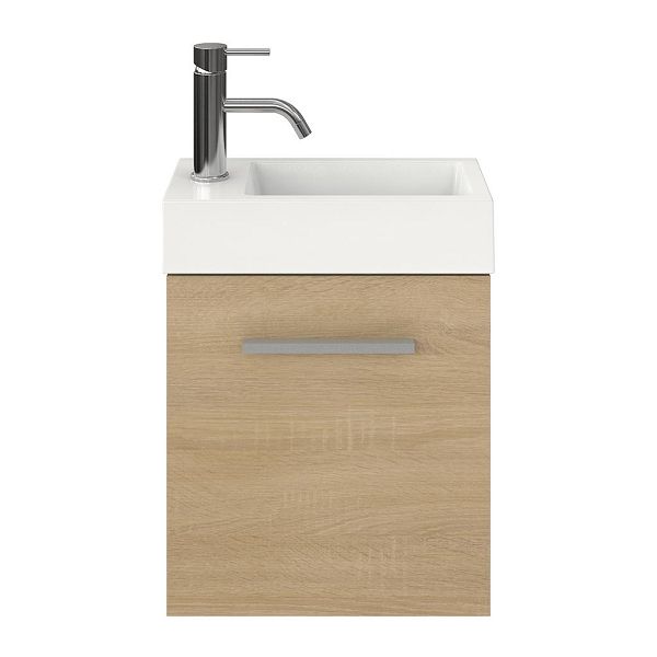 Wemeldinge fonteinmeubel 40 cm licht eiken met polystone Wemeldinge wastafel wit glans, 1 kraangat links/rechts