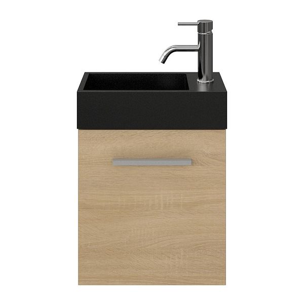 Wemeldinge fonteinmeubel 40 cm licht eiken met solid surface Camperduin fontein zwart mat