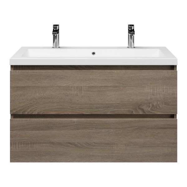Westkapelle badmeubel 100 cm eiken donker met Cadzand wastafel wit mat, 2 kraangaten