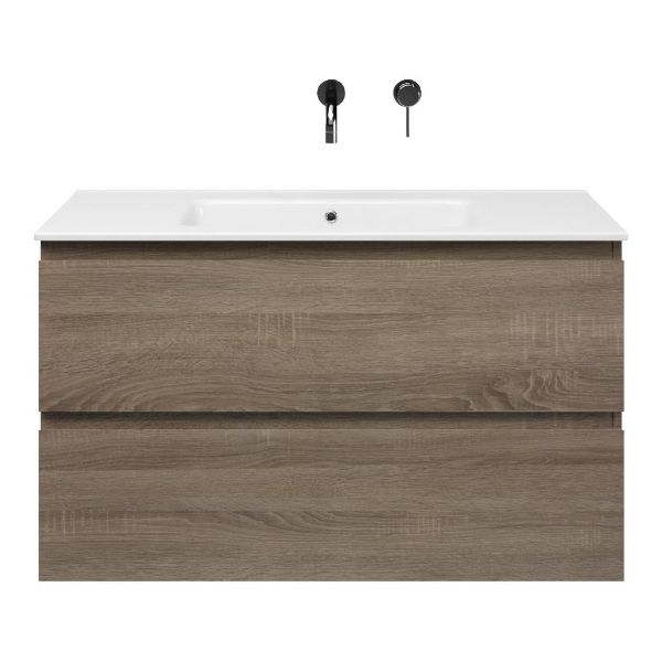 Westkapelle badmeubel 100 cm eiken donker met keramische Callantsoog wastafel wit glans, zonder kraangat