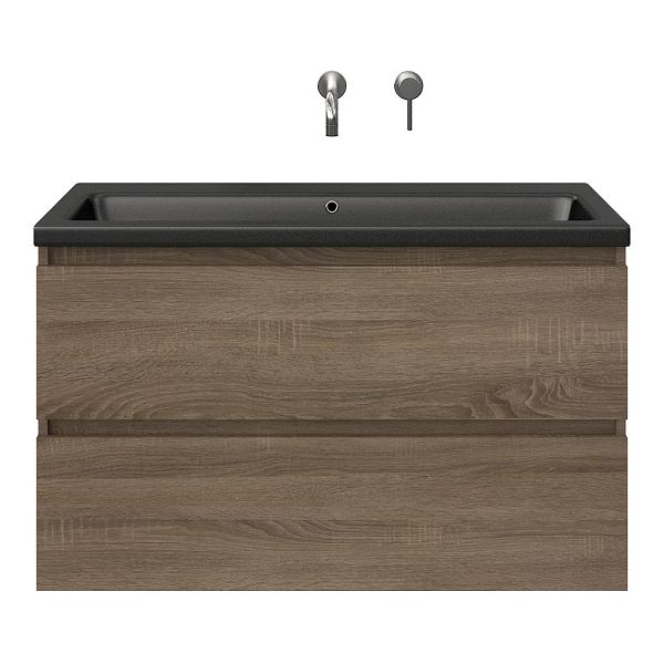 Westkapelle badmeubel 100 cm eiken donker met keramische Dishoek wastafel zwart mat, zonder kraangat