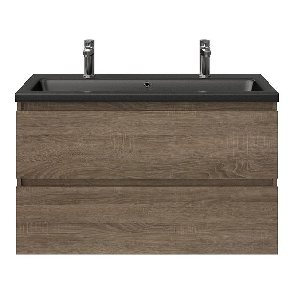 Westkapelle badmeubel 100 cm eiken donker met keramische Dishoek wastafel zwart mat, 2 kraangaten