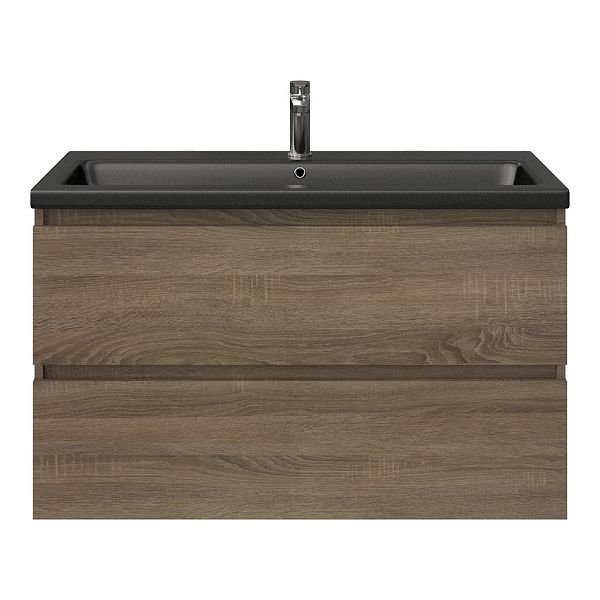 Westkapelle badmeubel 100 cm eiken donker met keramische Dishoek wastafel zwart mat, 1 kraangat