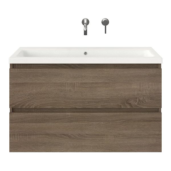 Westkapelle badmeubel 100 cm eiken donker met keramische Dishoek wastafel wit mat, zonder kraangat