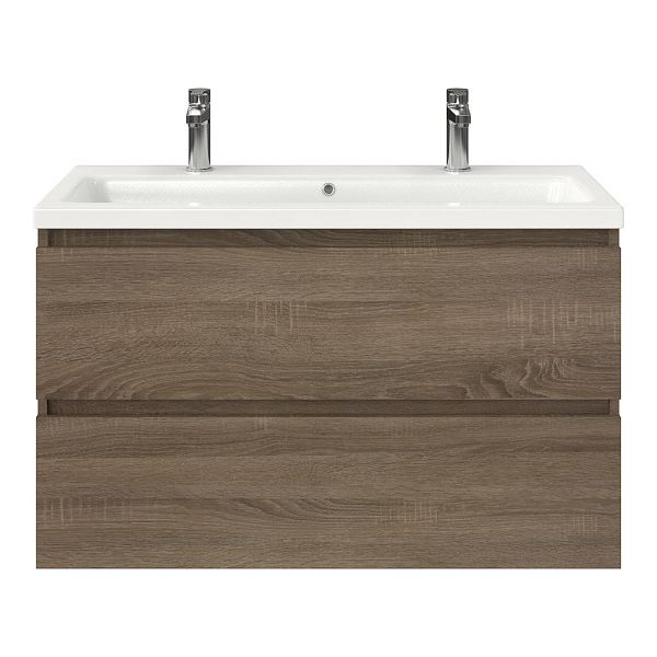 Westkapelle badmeubel 100 cm eiken donker met keramische Dishoek wastafel wit glans, 2 kraangaten