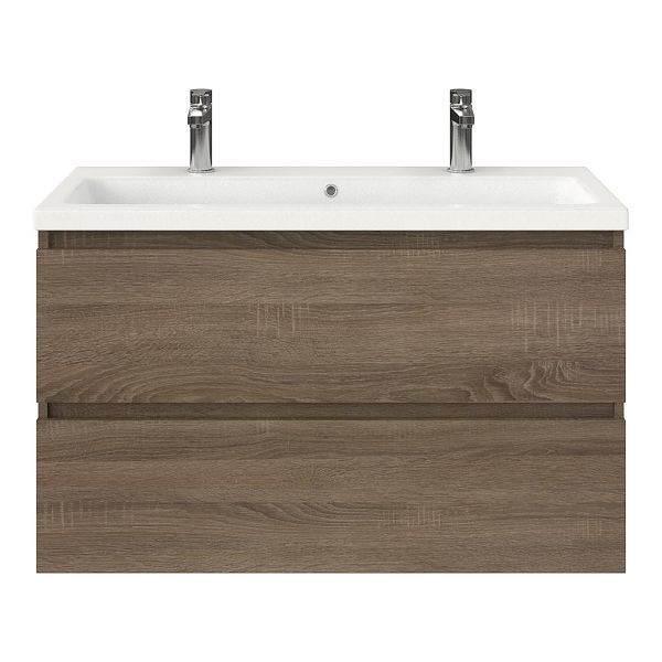 Westkapelle badmeubel 100 cm eiken donker met keramische Dishoek wastafel wit mat, 2 kraangaten