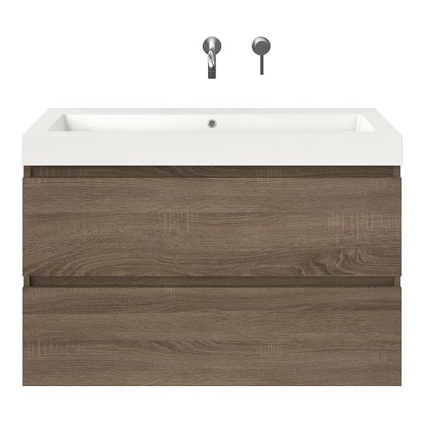 Westkapelle badmeubel 100 cm eiken donker met polystone Cadzand wastafel wit glans, zonder kraangat, 66 cm hoog