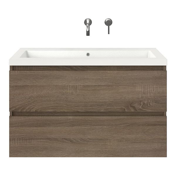 Westkapelle badmeubel 100 cm eiken donker met polystone Cadzand wastafel wit glans, zonder kraangat, 62 cm hoog