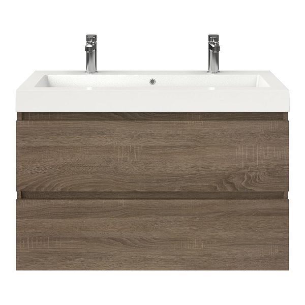 Westkapelle badmeubel 100 cm eiken donker met polystone Cadzand wastafel wit glans, 2 kraangaten, 66 cm hoog