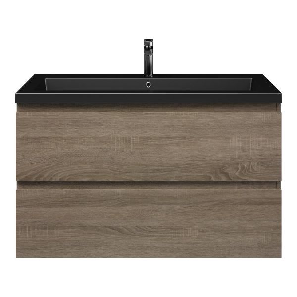 Westkapelle badmeubel 100 cm eiken donker met polystone Cadzand wastafel zwart mat