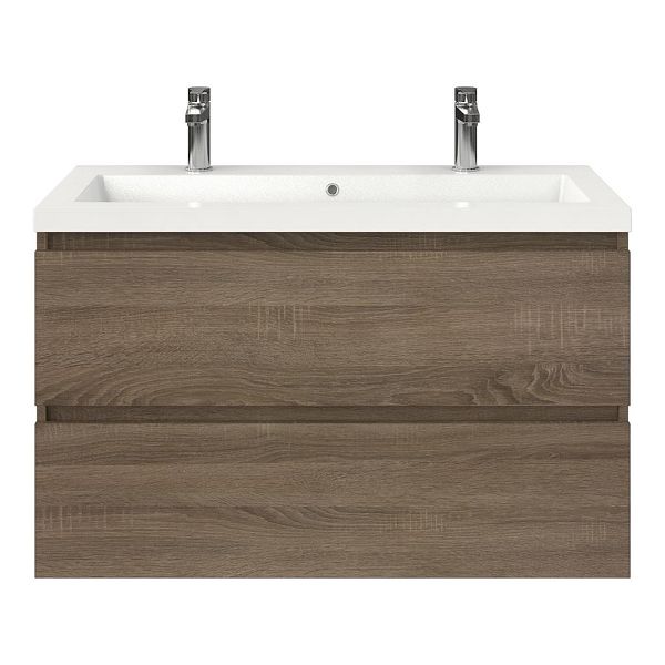 Westkapelle badmeubel 100 cm eiken donker met polystone Cadzand wastafel wit glans, 2 kraangaten, 62 cm hoog