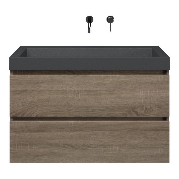 Westkapelle badmeubel 100 cm eiken donker met polystone Haamstede wastafel grijs mat, zonder kraangat