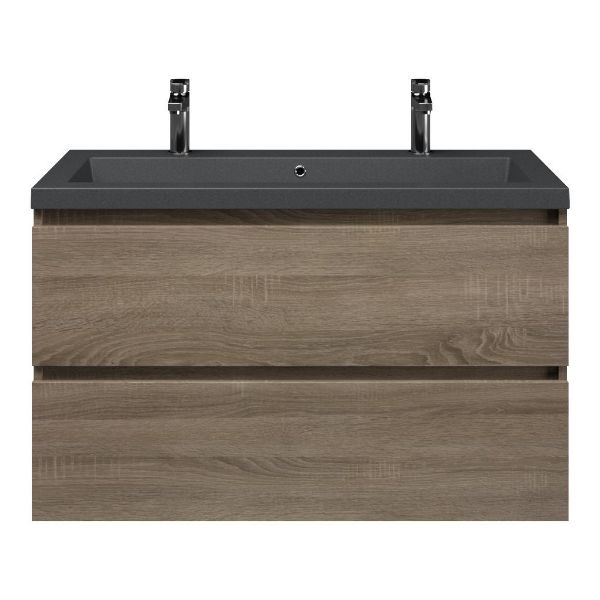 Westkapelle badmeubel 100 cm eiken donker met quartz Cadzand-Q wastafel grijs mat, 2 kraangaten