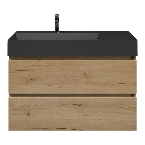 Westkapelle badmeubel 100 cm eiken natuur met keramische Marken wastafel links zwart mat, 1 kraangat