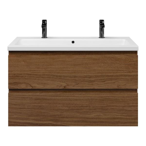 Westkapelle badmeubel 100 cm warm noten met keramische Dishoek wastafel wit mat
