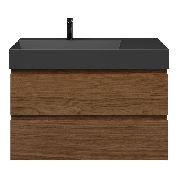 Westkapelle badmeubel 100 cm warm noten met keramische Marken wastafel links zwart mat, 1 kraangat