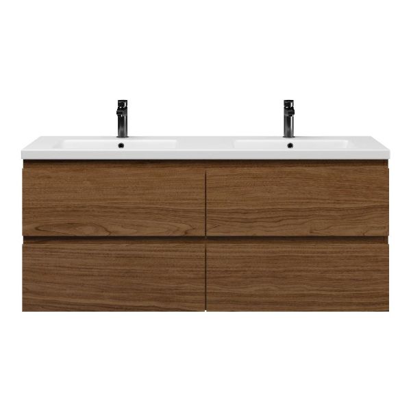 Westkapelle badmeubel 140 cm warm noten met keramische Dishoek wastafel wit mat