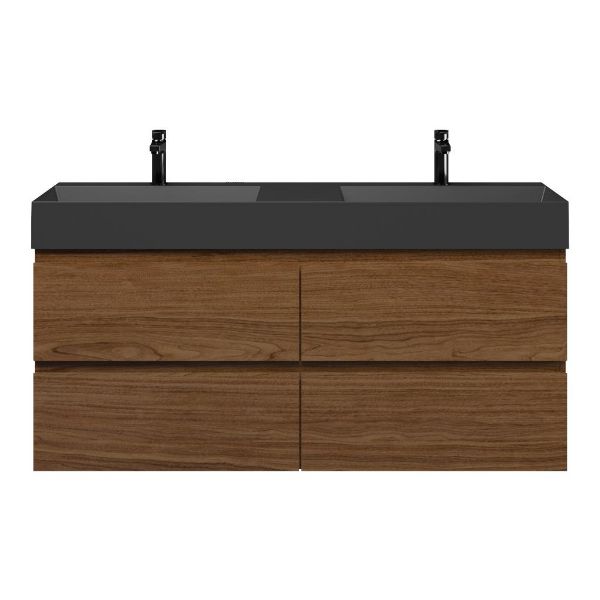 Westkapelle badmeubel 140 cm warm noten met keramische Marken wastafel zwart mat, 2 kraangaten