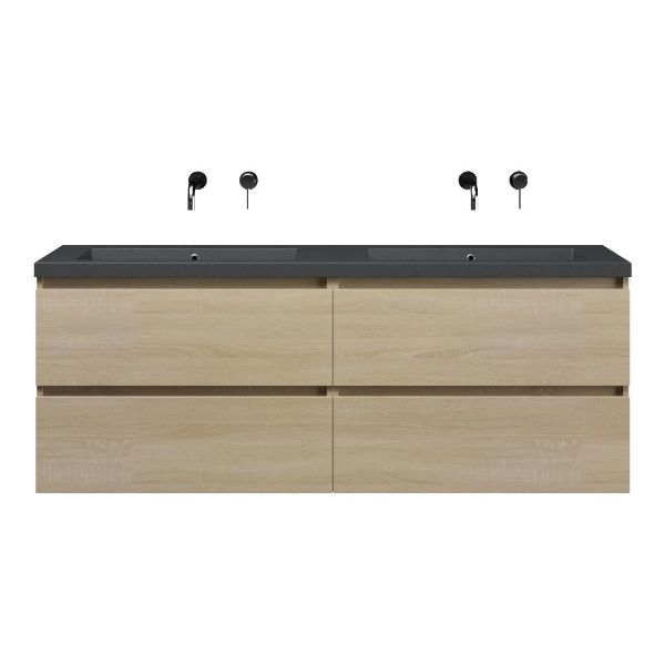 Westkapelle badmeubel 160 cm eiken licht met dubbele quartz Cadzand-Q wastafel grijs mat