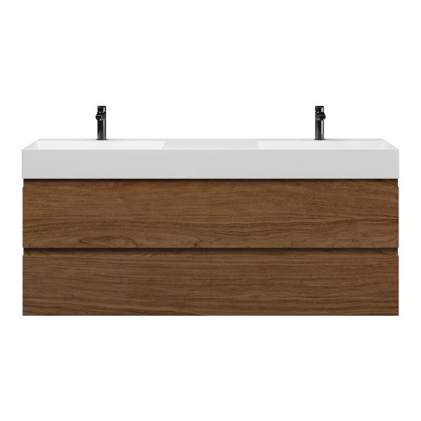 Westkapelle badmeubel 160 cm warm noten met dubbele keramische Marken wastafel wit mat
