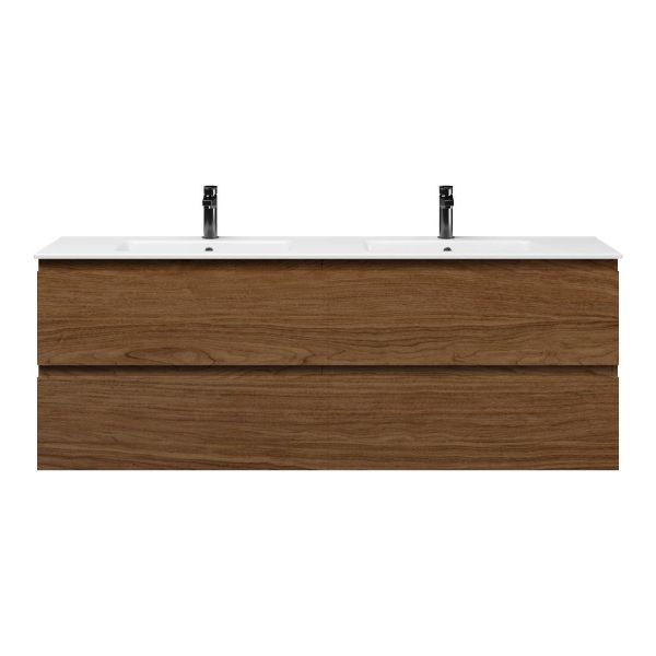 Westkapelle badmeubel 160 cm warm noten met dubbele keramische Callantsoog wastafel wit glans