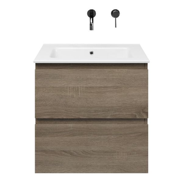 Westkapelle badmeubel 60 cm eiken donker met keramische Callantsoog wastafel wit glans