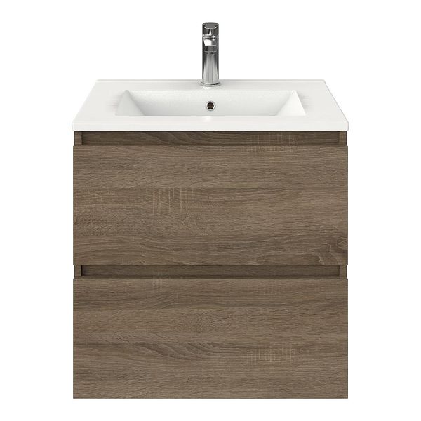 Westkapelle badmeubel 60 cm eiken donker met keramische Huisduinen wastafel wit glans