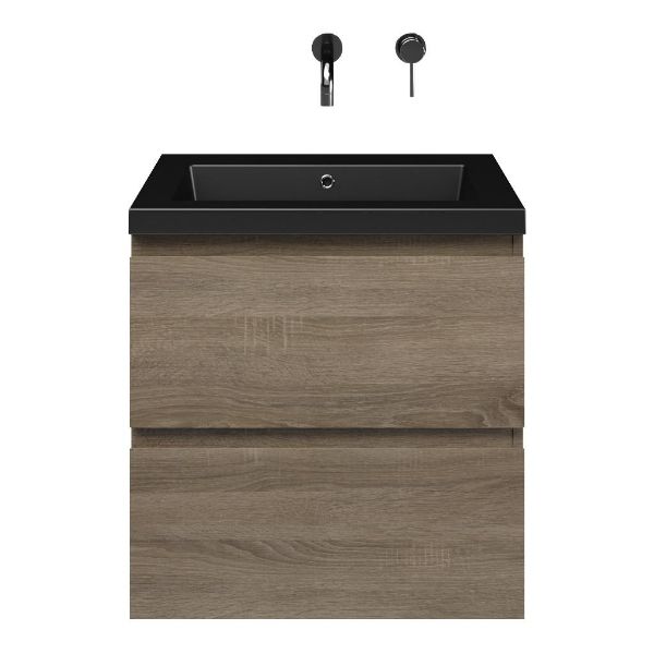 Westkapelle badmeubel 60 cm eiken donker met polystone Cadzand wastafel zwart mat