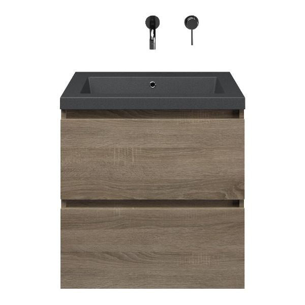 Westkapelle badmeubel 60 cm eiken donker met quartz Cadzand-Q wastafel grijs mat