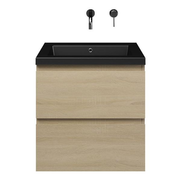Westkapelle badmeubel 60 cm eiken licht met polystone Cadzand wastafel zwart mat