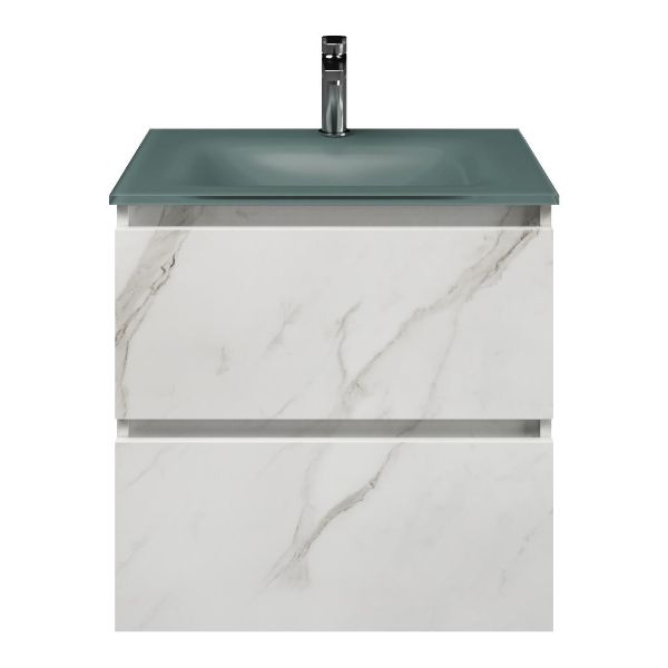 Westkapelle badmeubel 60 cm marmer structuur wit met glazen Glass wastafel zilvergrijs
