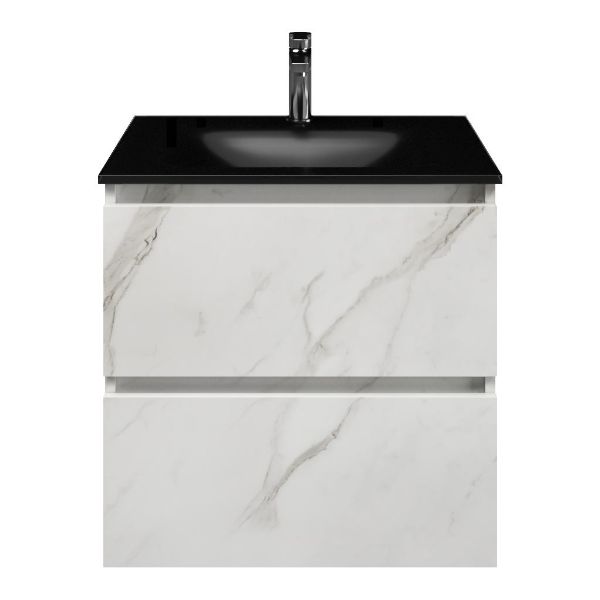 Westkapelle badmeubel 60 cm marmer structuur wit met glazen Glass wastafel zwart mat
