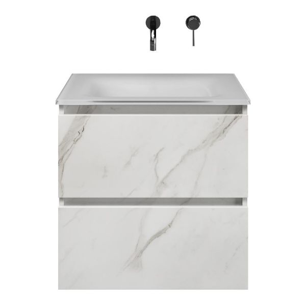 Westkapelle badmeubel 60 cm marmer structuur wit met glazen Glass wastafel wit glans