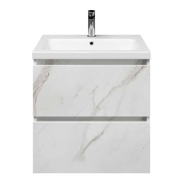Westkapelle badmeubel 60 cm marmer structuur wit met keramische Dishoek wastafel wit mat, 1 kraangat