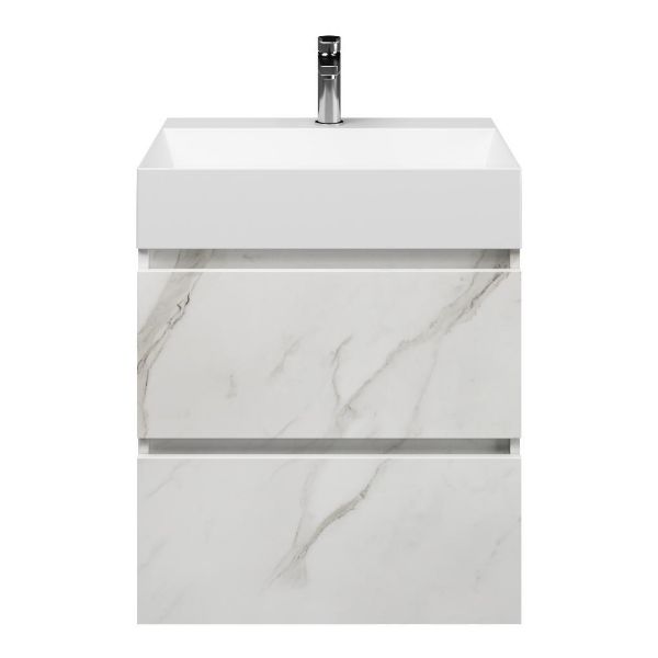 Westkapelle badmeubel 60 cm marmer structuur wit met keramische Marken wastafel wit mat, 1 kraangat