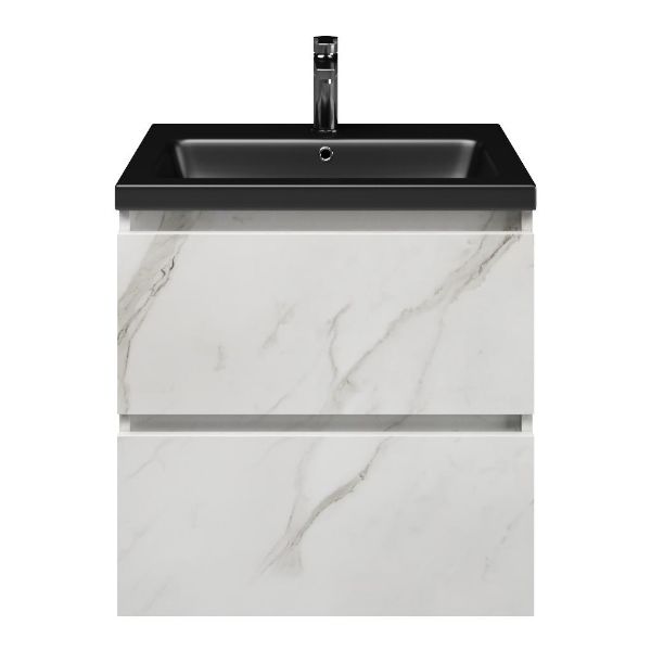Westkapelle badmeubel 60 cm marmer structuur wit met keramische Dishoek wastafel zwart mat, 1 kraangat