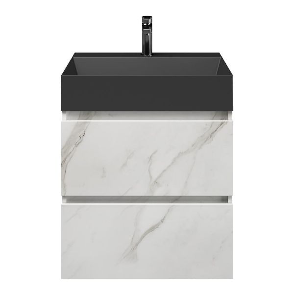Westkapelle badmeubel 60 cm marmer structuur wit met keramische Marken wastafel zwart mat