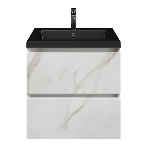 Westkapelle badmeubel 60 cm marmer structuur wit met polystone Cadzand wastafel zwart mat, 1 kraangat