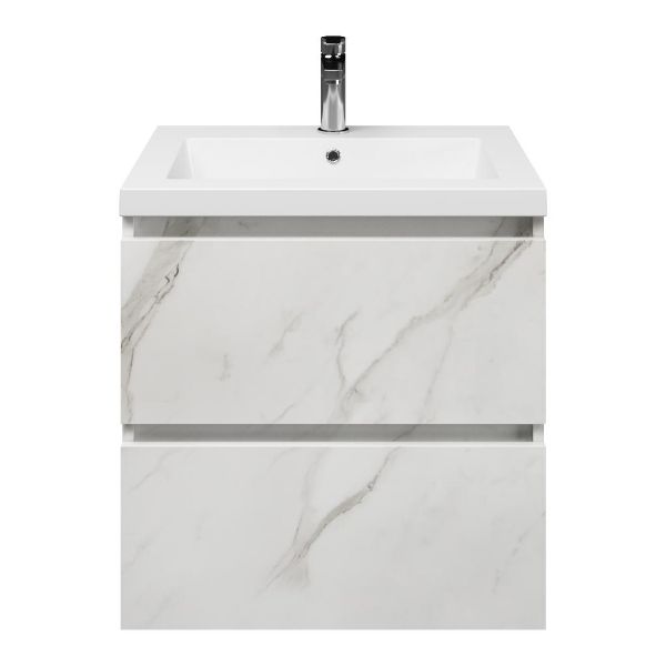 Westkapelle badmeubel 60 cm marmer structuur wit met polystone Cadzand wastafel wit glans, 1 kraangat
