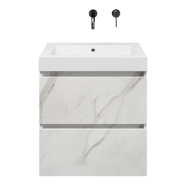 Westkapelle badmeubel 60 cm marmer structuur wit met polystone Cadzand wastafel wit glans, zonder kraangat