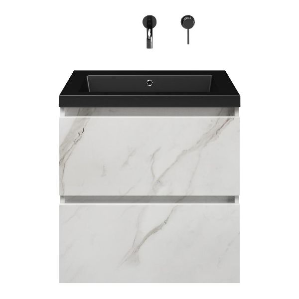 Westkapelle badmeubel 60 cm marmer structuur wit met polystone Cadzand wastafel zwart mat, zonder kraangat