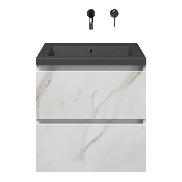 Westkapelle badmeubel 60 cm marmer structuur wit met quartz Cadzand-Q wastafel grijs mat, zonder kraangat