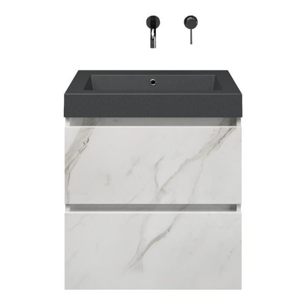Westkapelle badmeubel 60 cm marmer structuur wit met quartz Cadzand-Q wastafel grijs mat, zonder kraangat