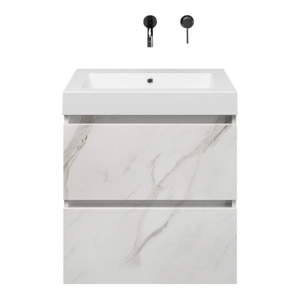 Westkapelle badmeubel 60 cm marmer structuur wit met quartz Cadzand-Q wastafel wit mat